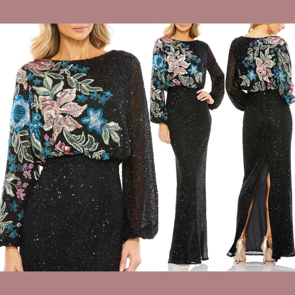 NEW Mac Duggal‎ [ 16 ] 5615 Embellished Multicolor Floral High Neck Gown Black